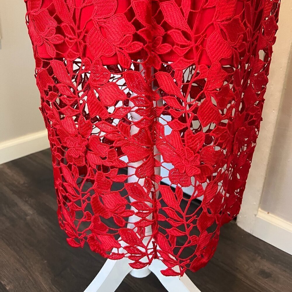 Betsy & Adam Red Crochet Lace Tulip Illusion Hem Cocktail Dress, Size 12 - Picture 13 of 16
